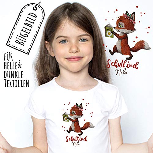 Bügelbilder zur Einschulung Fuchs mit Buch & Wunschname Schulkind Applikation Kissen Shirt Taschen Bügelbild Patch in A5 bb185 ilka parey wandtattoo-welt® von ilka parey wandtattoo-welt