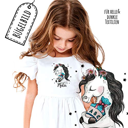 Bügelbilder zur Einschulung Pferdchen mit Schultüte Sterne & Name Schulkind Applikation Shirt Taschen Bügelbild Patch in A5 bb196 ilka parey wandtattoo-welt® von ilka parey wandtattoo-welt