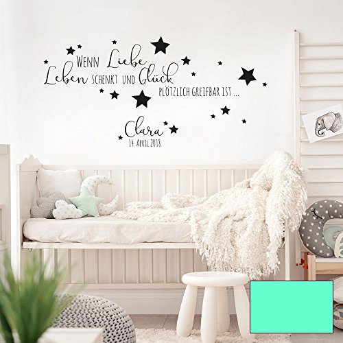 Wandtattoo Baby Geburt Spruch Zitat & Sterne Kinderzimmer Wanddeko Wandgestaltung mit Namen & Datum M2337 - ausgewählte Farbe: *mint* ausgewählte Größe: *L - 49cm hoch x 100cm breit * von ilka parey wandtattoo-welt