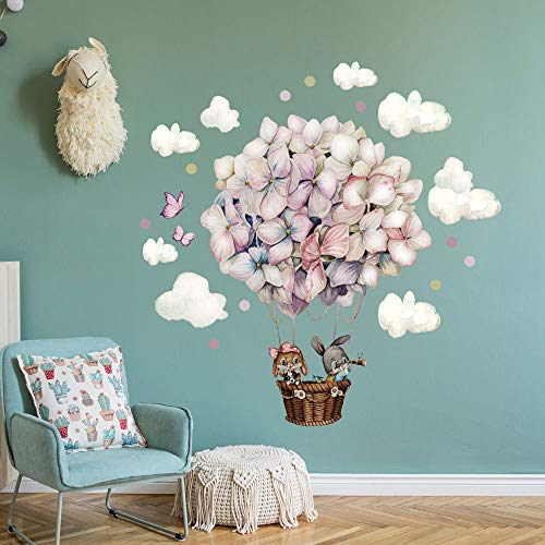 Wandtattoo Kinderzimmerdeko Heißluftballon Hortensie Blüten Ballon Häschen mit Wolken Schmetterlinge Deko Dekoration für Kinderzimmer fw16 ilka parey wandtattoo-welt® von ilka parey wandtattoo-welt