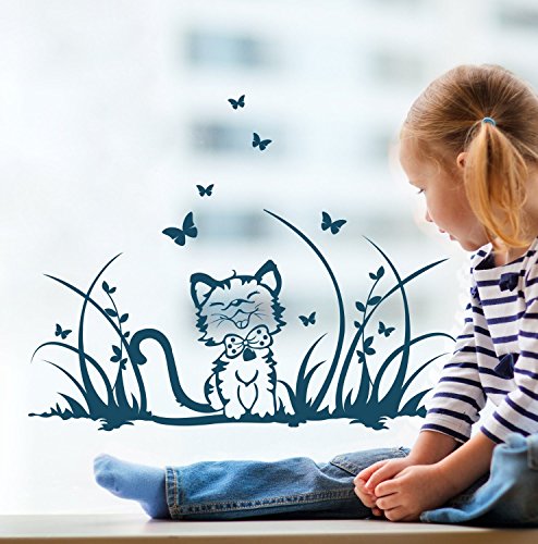 ilka parey wandtattoo-welt® Fensterbilder Kinder Frühling Kinderzimmer Katze Kätzchen Wiese Schmetterlinge M1369f von ilka parey wandtattoo-welt