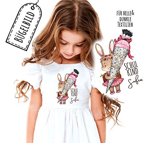 Bügelbilder zum Schulanfang Häschen mit Schultüte & Wunschname Schulkind Applikation Kissen Shirt Taschen Bügelbild Patch in A5 bb181 ilka parey wandtattoo-welt® von ilka parey wandtattoo-welt