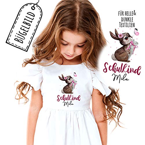 Bügelbilder zum Schulbeginn Häschen mit Schultüte & Wunschname Schulkind Applikation Kissen Shirt Taschen Bügelbild Patch in A5 bb178 ilka parey wandtattoo-welt® von ilka parey wandtattoo-welt