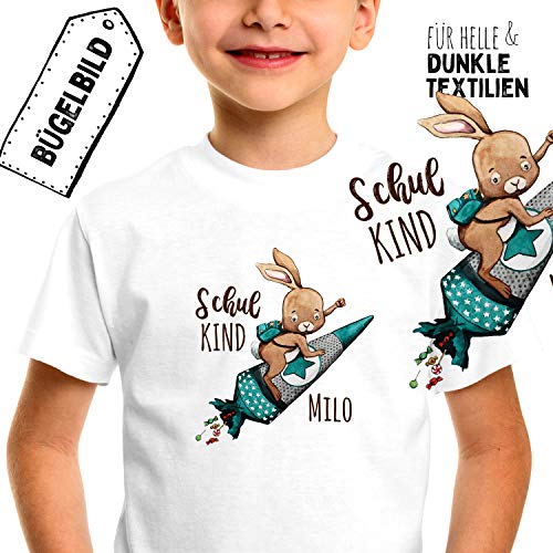 Bügelbilder zum Schulstart Hase auf Raketenschultüte & Wunschname Schulkind Applikation Kissen Shirt Taschen Bügelbild Patch in A5 bb182 ilka parey wandtattoo-welt® von ilka parey wandtattoo-welt