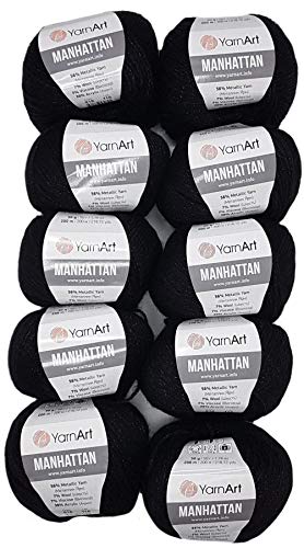 10 x 50g YarnArt Manhattan Viscose - Garn mit Glitzer, 500 Gramm Metallic-Wolle, Effektwolle (schwarz 916) von Ilkadim