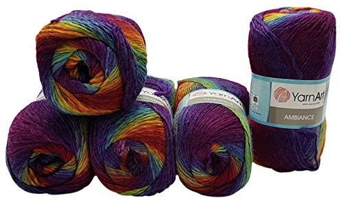 Ilkadim 5 x 100 g YarnArt Ambiance Strickwolle Mehrfarbig mit Farbverlauf, 500 Gramm Strickgarn mit 20% Wolle-Anteil (lila terrakotta grün Ocker 154) von Ilkadim