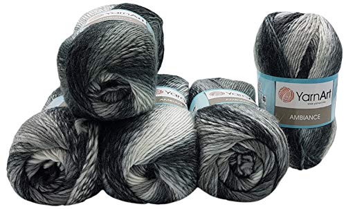 5 x 100 g YarnArt Ambiance Strickwolle mehrfarbig mit Farbverlauf, 500 Gramm Strickgarn mit 20% Wolle-Anteil (schwarz grau weiß 159) von Ilkadim