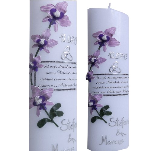 Hochzeitskerze Formkerze 240x66 ORCHIDEE MIT Ihrem TRAUSPRUCH ODER FOTO Mit Namen und Datum lila weiß IH101 von ilonas-lichtermeer