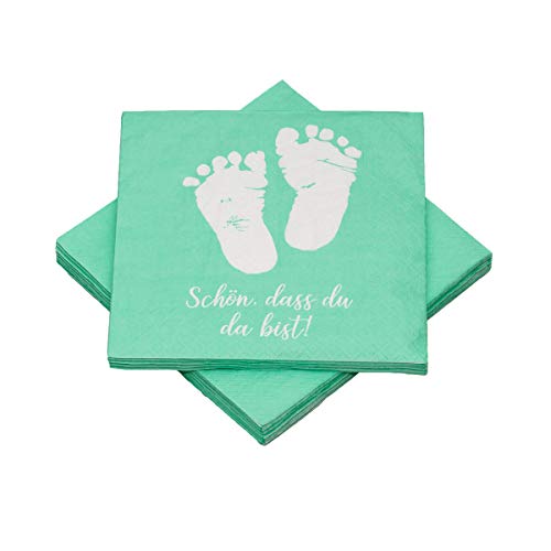 20 Servietten Babyfüße 'Schön, dass du da bist!' 33x33 cm - mint grün - für Geburt, Taufe, Babyshower von in due