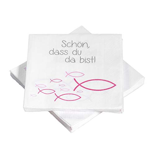 40 Servietten Fische Ichthys 'Schön, dass du da bist!' 33x33 cm - pink - für Kommunion, Taufe oder andere festliche Anlässe von in due