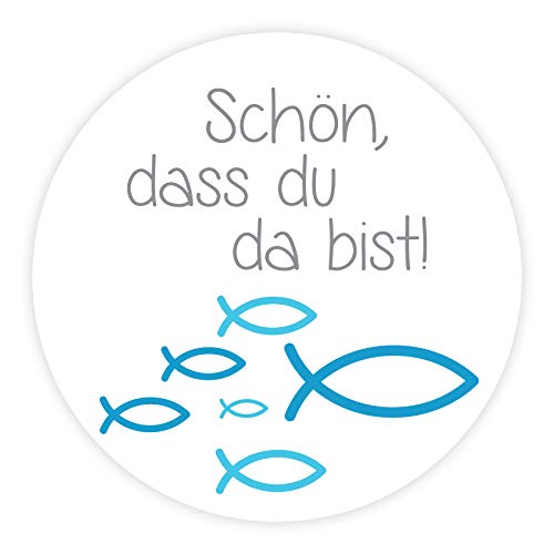 Aufkleber 'Schön, dass du da bist!' Fische blau für Kommunion, Konfirmation & Taufe - 24 Stück 4 cm Junge von in due