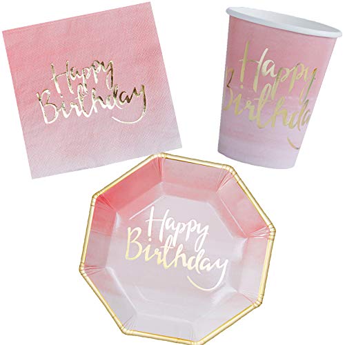 in due 36-tlg. Partyset 'Happy Birthday' Geburtstag Rosa Gold Ombre Tischdekoration - Deko Set Becher, Teller & Servietten von in due