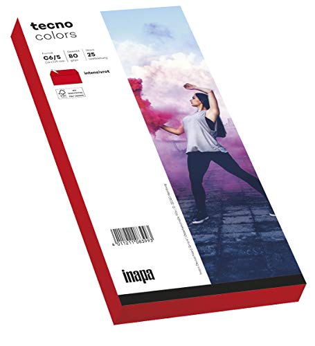 inapa Briefumschläge tecno Colors - DIN-C6/5 (114 x 229), 80 g, intensiv-rot, haftklebend, ohne Fenster, 25 Stück von inapa