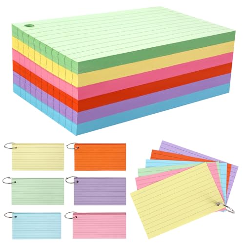 300 Blatt farbige tragbare Karteikarten, 7,6 x 12,7 cm, linierte Karteikarten mit Ringlinien, schwere Karteikarten für Studium, Büro, Schule und Zuhause (sechs Farben, jede Farbe 50 Blatt pro Packung) von inifus