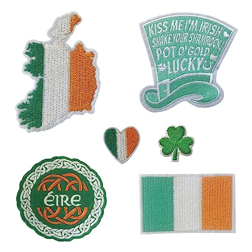 Set mit 6 Irland-Stickerei-Aufnähern, zum Aufbügeln oder Aufnähen, irisches Kleeblatt, Herz-Flagge, Kobold, Karte von inking house