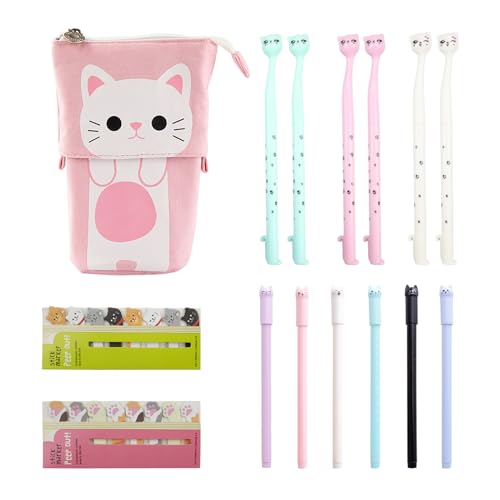 inodiref Rosa Cute Cat Stationery Set mit 12 Stück Kreative Katze Gel Stift und 240 Haftnotiz Seite Index Tabs Kawaii Federmäppchen Kawaii Stationery für Schule Büro Teenager von inodiref