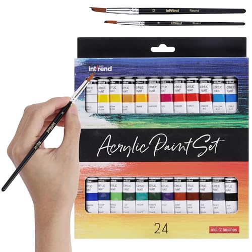 int!rend Acrylfarben Set - 24x Acrylfarbe je 12 ml + 2 Pinsel - Acryl Farbe für Holz, Leinwand, Ton, Steine & Gips - Acrylic Paint für Modellbau Farben und zum Basteln von int!rend