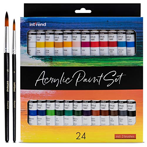 int!rend Acrylfarben Set - 24x Acrylfarbe je 12 ml + 2 Pinsel - Acryl Farbe für Holz, Leinwand, Ton, Steine & Gips - Acrylic Paint für Modellbau Farben und zum Basteln von int!rend