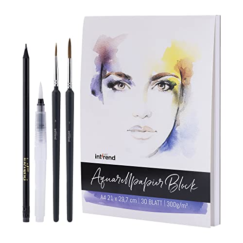 int!rend Aquarellpapier A4 300 g/m² 30 Seiten - Aquarellblock Malpapier mit Wassertankpinsel & Bleistift - Aquarell Papier zum Malen - Watercolor Paper, Aquarell Block, Aquarell Skizzenbuch von int!rend