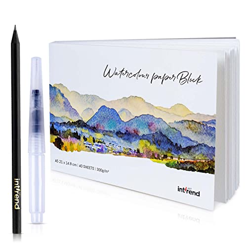 int!rend Aquarellpapier A5 300 g/m² 40 Seiten - Aquarellblock Malpapier mit Wassertankpinsel & Bleistift - Aquarell Papier zum Malen - Watercolor Paper Aquarell Block von int!rend