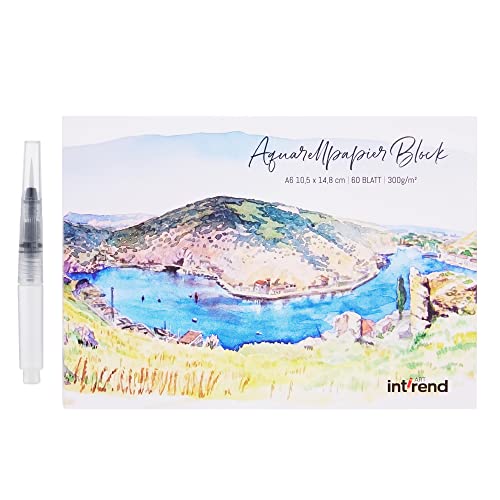 int!rend Aquarellpapier A6 300 g/m² - 60 Seiten - Aquarellblock mit Wassertankpinsel & Bleistift - Watercolor Paper für Handlettering - Aquarell Papier Postkarten Blanko von int!rend