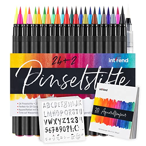 int!rend Brush Pen Set - 24 Aquarellstifte, 2 Wasserpinselstifte, 20 Blätter Aquarellpapier, 5 Schablonen - Handlettering Stifte, Pinselstifte für Bullet Journal, Malen Stifte Set von int!rend