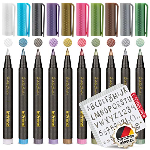 int!rend Premium Metallic Marker Set | 10 Metallic Stifte mit feiner Spitze, 5 Schablonen, DIY Fotoalbum Metallic Marker pen, Scrapbooking, schwarzes u. weißes Papier, Bemalen von Steinen, Holz, Glas von int!rend