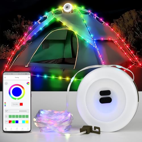 iodoo Wasserdichte Tragbare Verstaubare Lichterkette für den Außenbereich, Camping Lichterkette, Perfekt für Outdoor-Zeltstimmung, Wiederaufladbaren Anpassbarem Farbwechsel (RGB Licht) von iodoo