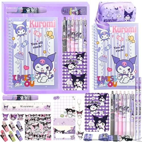 iseainno Kuromi Schulbedarfsset, niedliches Schreibwaren-Geschenk-Set, Kawaii, Schulanfang, inklusive A5-Notizbuch, Federmäppchen, Stifte, Aufkleber, Ausweishalter, Lineal, Radiergummi, perfektes von iseainno