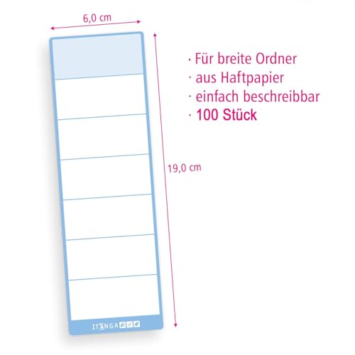 itenga 100x Ordneretiketten Ordnerrückenschild für breite und schmale Ordner I Aufkleber für Ordnerrücken selbstklebend aus Haftpapier (hellblau, für breite Ordner 6x19cm) von itenga