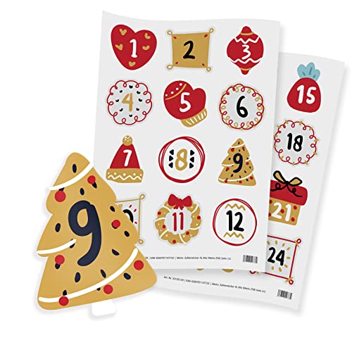 itenga 24x Adventskalenderzahlen groß 6cm Sticker Aufkleber 1 bis 24 rot gold mit Weihnachtsmotiven von itenga