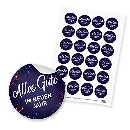 itenga 24x Sticker Aufkleber Alles Gute im neuen Jahr Silvester Neujahr Grüsse rund 4cm auf DIN A4 Bogen von itenga