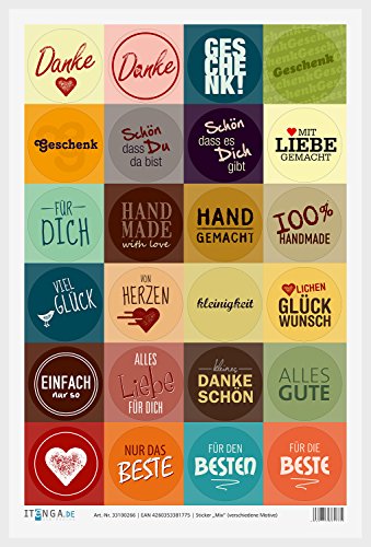 itenga 24x Sticker MIX verschiedene Motive 4cm Geschenk Aufkleber runde Spruch Etikette von itenga