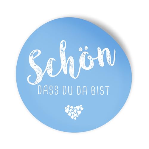 itenga 24x Sticker Schön dass du da bist Aufkleber rund 4cm selbstklebend - Sticker ideal für Gastgeschenk (hellblau) von itenga