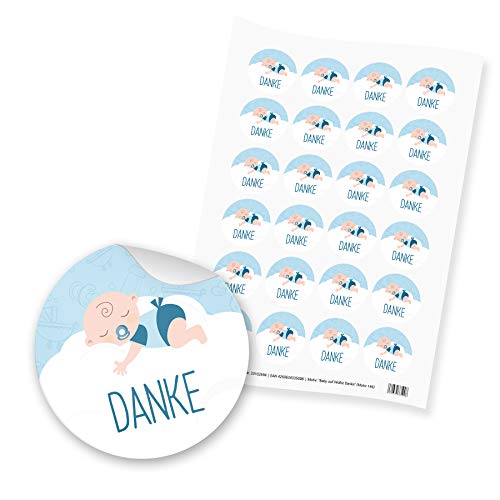 itenga Motiv Baby auf Wolke Hellblau Pastell für Jungen Gast Geschenk Geburt Taufe 1. Geburtstag (24 Motivsticker mit Text Danke) von itenga