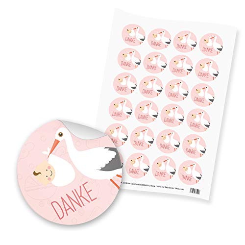 itenga Motiv Storch mit Baby Rosa Pastell für Mädchen Gast Geschenk Geburt Taufe 1. Geburtstag (24 Motivsticker mit Text Danke) von itenga