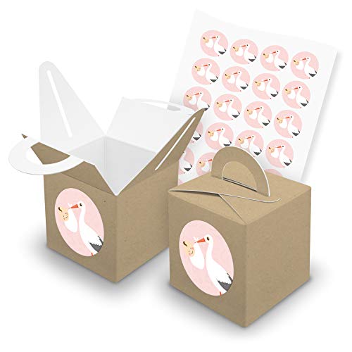 itenga Motiv Storch mit Baby Rosa Pastell für Mädchen Gast Geschenk Geburt Taufe 1. Geburtstag (24 Würfelboxen braun + Motivsticker ohne Text) von itenga