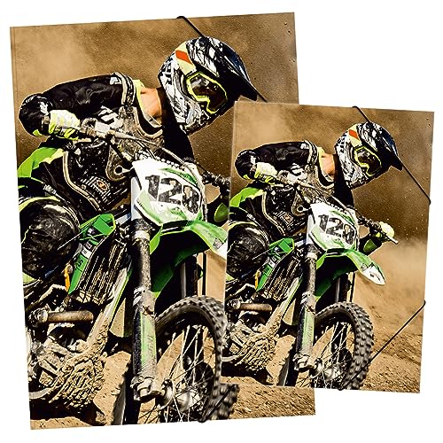 itenga Set Zeichenmappe DIN A3 und Sammelmappe DIN A4 mit Motiv - Gummizugmappe Sammelmappe - für Kinder Jugendliche Schüler Mädchen Jungen (Set A3 und A4 Motiv Motocross) von itenga