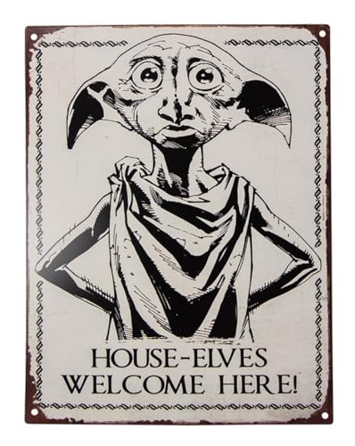 Blechschild Elf 'HOUSE ELVES WELCOME HERE' Retro Vintage 25x33 cm - Metall Schild Elfe, Nostalgie Deko Schild, Wandtafel, Textschild von itsisa