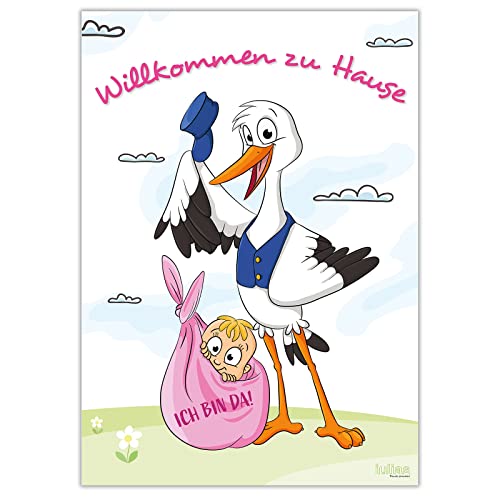 Poster zur Geburt I Storch mit Baby Mädchen I Willkommen zu Hause I DIN A2 Plakat I Babyparty Deko rosa Geburtsgeschenk von iulias Freude schenken!