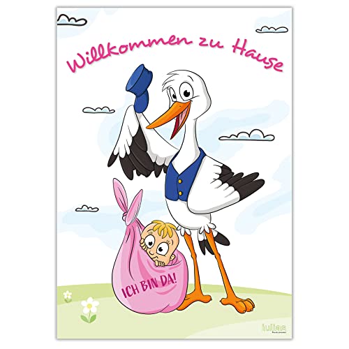 iulias Freude schenken! Poster zur Geburt Mädchen I Storch mit Baby I Willkommen zu Hause I XL DIN A2 Plakat I Babyparty Deko rosa Geburtsgeschenk Überraschung von iulias Freude schenken!