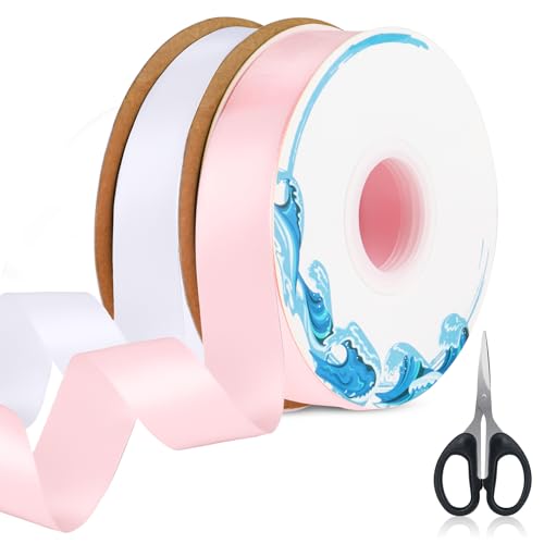 iulrtba 45m*25mm Satinband Rosa, Satinband Weiss, 2 Stück Geschenkband Schleifenband Rosa & Schleifenband Weiß, Geschenkband Weiss mit Schere für Geschenkverpackung, Geburtstag Und Hochzeitsdekoration von iulrtba