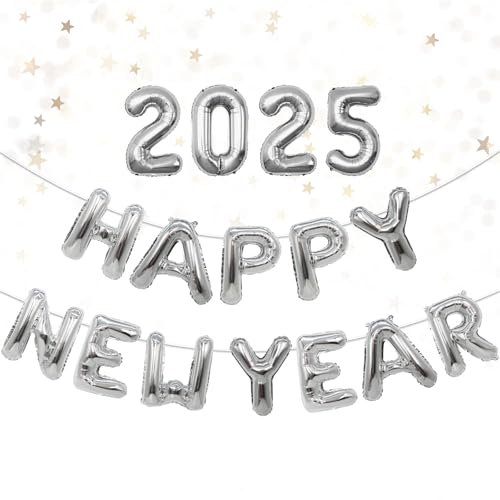 2025 Happy New Year Luftballons, 16 Zoll Happy New Year Banner, Happy New Year Dekorationen 2025, Goldfolienballons für 2025 Silvester Party Dekoration Supplies (Silber) von iwiio