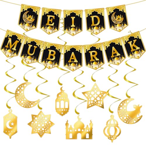 Eid Dekorationen, Eid Mubarak Banner mit hängenden Halbmond & Stern Dekorationen, Ramadan Dekorationen für Zuhause Hängende Streamer Hintergrund Banner Islam Party Dekor von iwiio