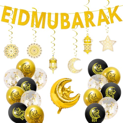 Eid Mubarak Dekorationen - Glitzer Eid Mubarak Banner, Eid Mubarak Hängender Wirbel, Eid Mubarak Ballon, Eid Dekorationen Home Hanging Streamer Hintergrund Islam Party Decor von iwiio