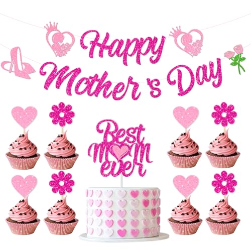 Muttertags-Dekorationsset – Glitzerndes "Happy Mother Day"-Banner mit Muttertagskuchenaufsätzen für Muttertag, Partyzubehör von iwiio