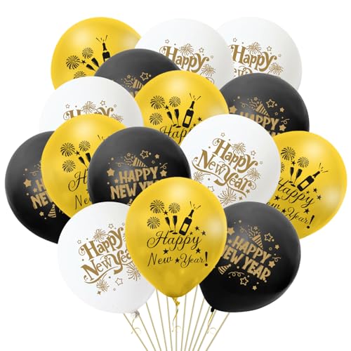 iwiio 15 Stück Happy New Year Luftballons, Silvester-Dekorationen 2025, Schwarz-Weiß und Gold, Latex-Luftballons für Silvester-Partyzubehör 2025 von iwiio