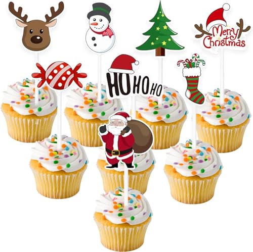 iwiio Cupcake-Topper, Weihnachtsmann-Baum, Schneemann, Socke, Süßigkeiten-Thema, Frohe Weihnachten, Kuchendekoration für Weihnachten, Party, Tischdekoration, 24 Stück von iwiio