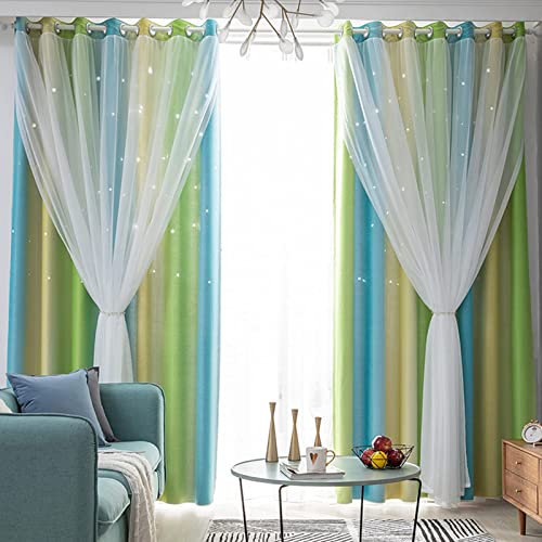 iyoimono 2er Set Vorhänge Sternen Mädchen Verdunkelung Voile Gardinen mit Ösen Grün Blau Vorhänge Farbverlauf Blickdicht für Kinderzimmer Schlafzimmer Wohnzimmer 160 × 132cm (H × B) von iyoimono