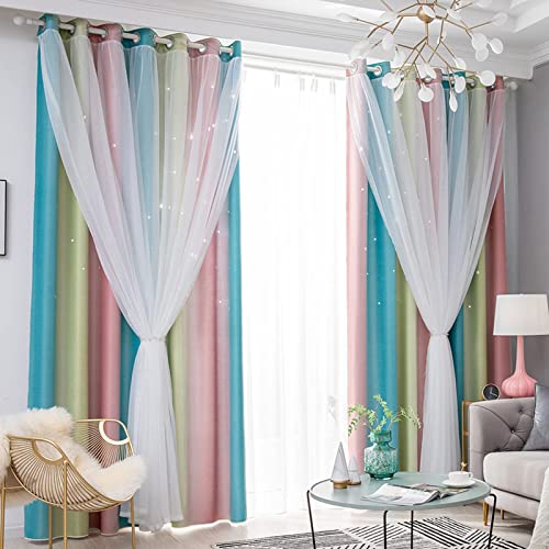 iyoimono 2er Set Vorhänge Sternen Mädchen Verdunkelung Voile Gardinen mit Ösen Rosa Gelb Blau Vorhänge Farbverlauf Blickdicht für Kinderzimmer Schlafzimmer Wohnzimmer 160 × 132cm (H × B) von iyoimono